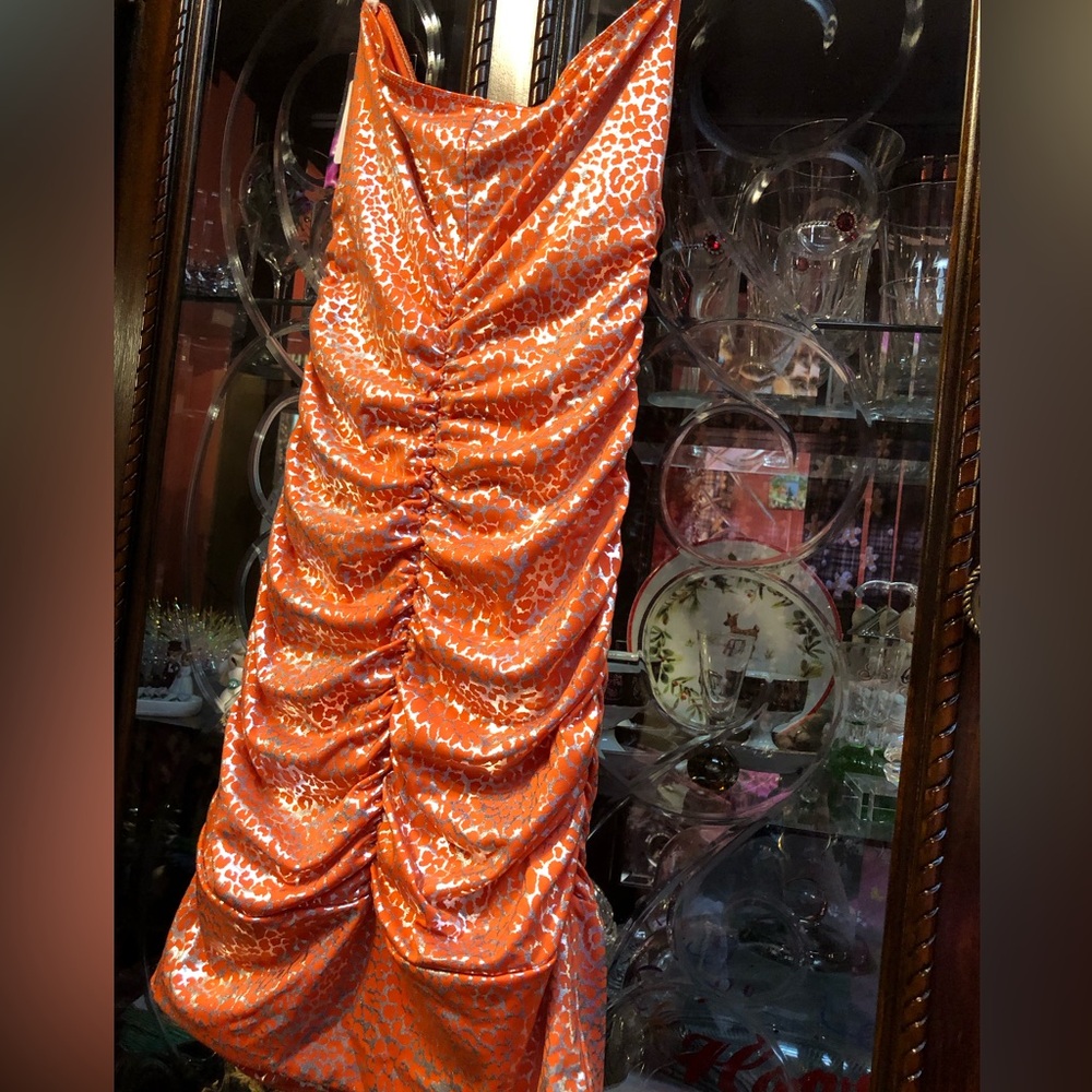 Orange and Silver Metallic Ruched Sleeveless Dress - Picture 8 of 13